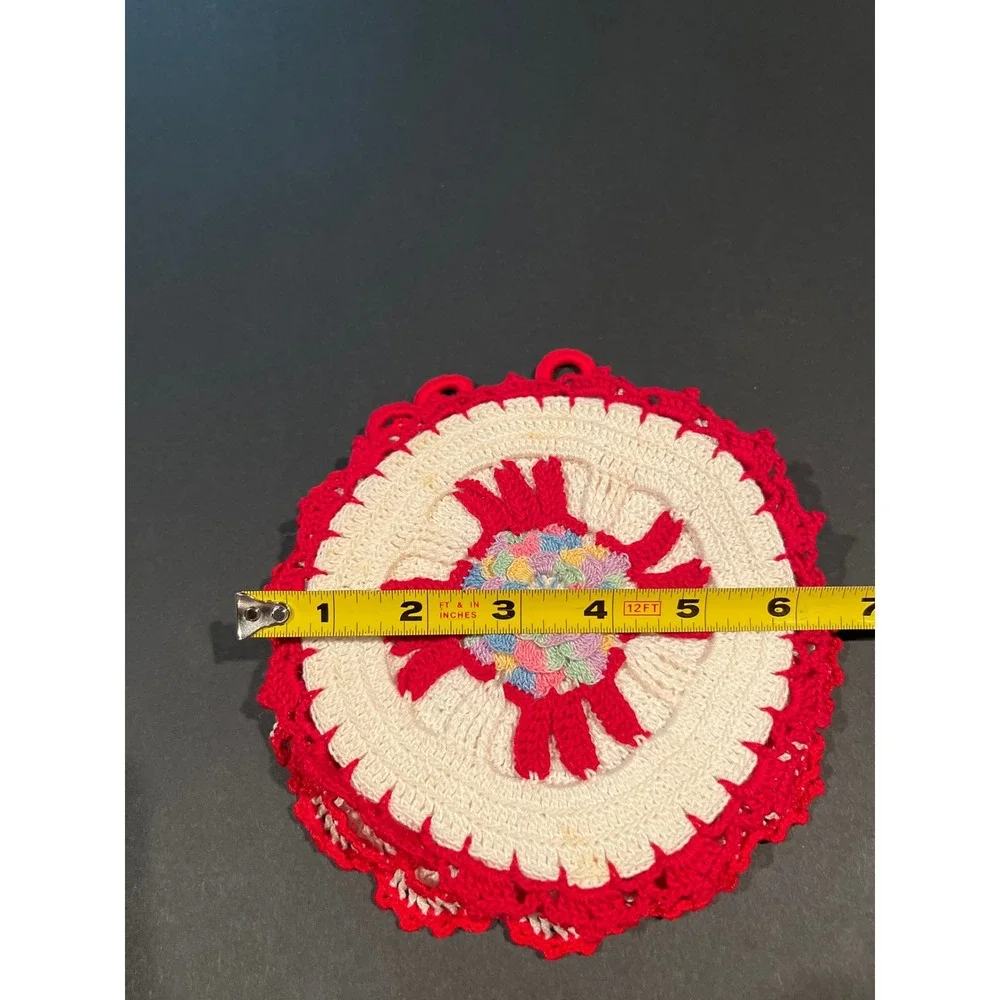 Vintage Handmade Crochet Pot Holders Set of 3 Red Cream Floral Farmhouse Kitchen